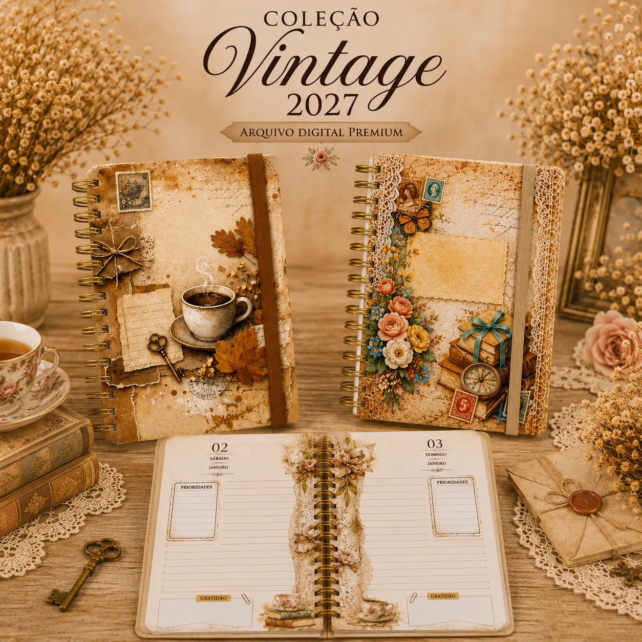 Kit Digital Agenda Vintage 2027 | Capas + Miolo Completo + Guardas + Bloco de Notas